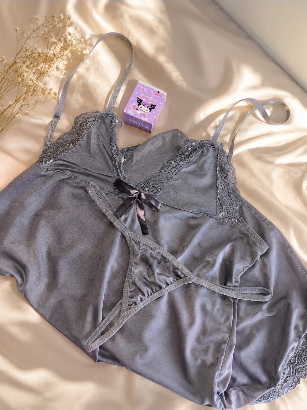 Lace-Trim Satin Camisole & Thong Set - Gray + Mystery Sanrio Keychain